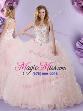 Trendy Scoop Baby Pink Tulle Lace Up 15th Birthday Dress Sleeveless Floor Length Lace