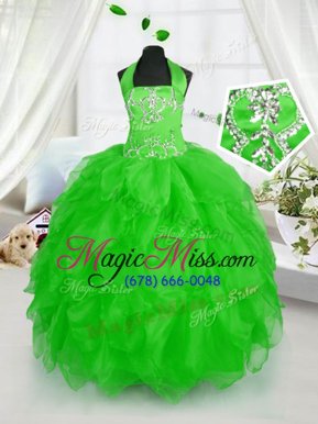 Superior Halter Top Sleeveless Floor Length Appliques and Ruffles Lace Up Little Girl Pageant Gowns with