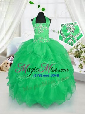 New Arrival Floor Length Apple Green Pageant Gowns For Girls Halter Top Sleeveless Lace Up