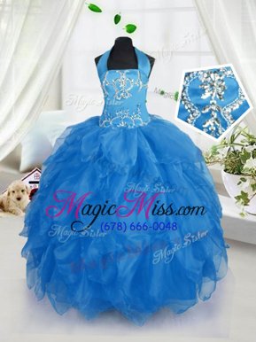 Attractive Ball Gowns Little Girl Pageant Gowns Baby Blue Halter Top Organza Sleeveless Floor Length Lace Up