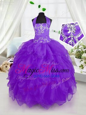 Simple Halter Top Sleeveless Organza Floor Length Lace Up Little Girls Pageant Gowns in Purple for with Appliques and Ruffles