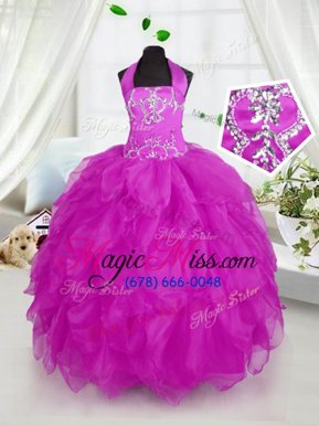 High Class Purple Halter Top Lace Up Appliques and Ruffles Girls Pageant Dresses Sleeveless