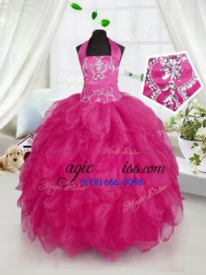 Halter Top Sleeveless Organza Floor Length Lace Up Little Girls Pageant Dress Wholesale in Fuchsia for with Appliques and Ruffles