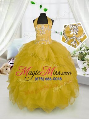 Best Organza Halter Top Sleeveless Lace Up Beading and Ruffles Girls Pageant Dresses in Gold