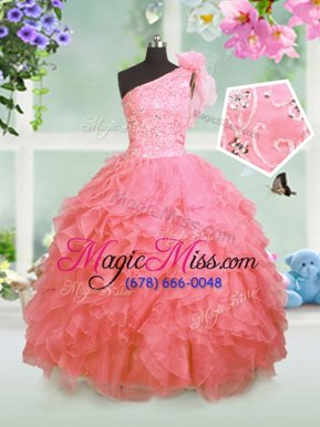 Gorgeous One Shoulder Organza Sleeveless Floor Length Pageant Gowns For Girls and Beading and Ruffles