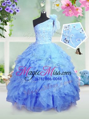 New Style Floor Length Baby Blue Girls Pageant Dresses One Shoulder Sleeveless Lace Up