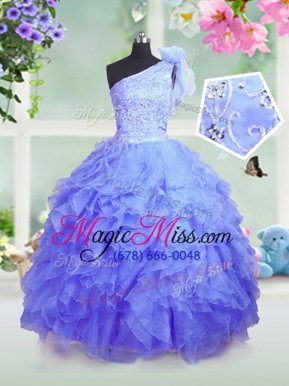 Latest Blue Organza Lace Up One Shoulder Sleeveless Floor Length Girls Pageant Dresses Beading and Ruffles