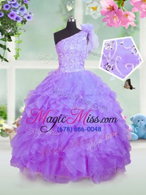 Latest One Shoulder Lavender Sleeveless Beading and Ruffles Floor Length Little Girls Pageant Gowns