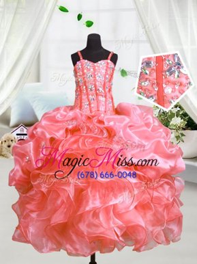 Great Watermelon Red Organza Lace Up Little Girls Pageant Dress Sleeveless Floor Length Beading and Ruffles