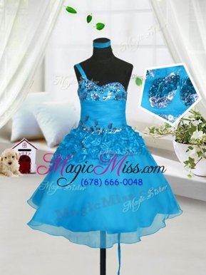 Knee Length Baby Blue Girls Pageant Dresses Organza Sleeveless Beading and Hand Made Flower