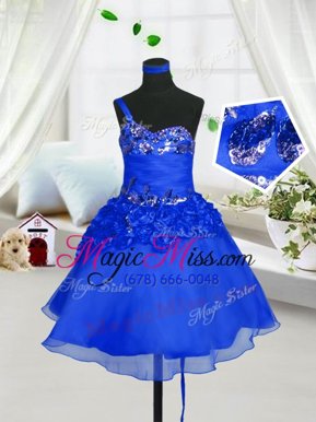 Top Selling Sleeveless Organza Knee Length Lace Up Girls Pageant Dresses in Blue for with Beading and Hand Made Flower