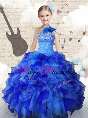 Artistic Organza Strapless Sleeveless Lace Up Beading and Ruffles Girls Pageant Dresses in Navy Blue