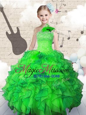Custom Designed Green Organza Lace Up Strapless Sleeveless Floor Length Girls Pageant Dresses Beading and Ruffles