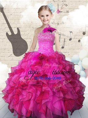 Nice One Shoulder Hot Pink Organza Lace Up Little Girls Pageant Dress Sleeveless Floor Length Beading and Ruffles