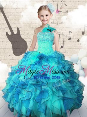 Luxurious One Shoulder Floor Length Aqua Blue Pageant Gowns For Girls Organza Sleeveless Beading and Ruffles