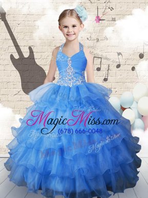 Elegant Light Blue Ball Gowns Halter Top Sleeveless Organza Floor Length Lace Up Beading and Ruffled Layers Kids Pageant Dress