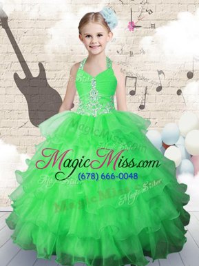 Custom Designed Green Little Girl Pageant Gowns Party and Wedding Party and For with Beading and Ruffled Layers Halter Top Sleeveless Lace Up