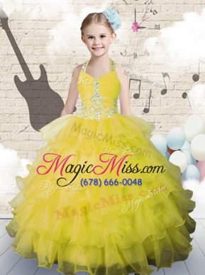 Fashion Halter Top Organza Sleeveless Floor Length Kids Formal Wear and Beading and Ruffled Layers