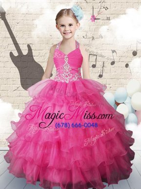 Stunning Hot Pink Halter Top Neckline Beading and Ruffled Layers Girls Pageant Dresses Sleeveless Lace Up