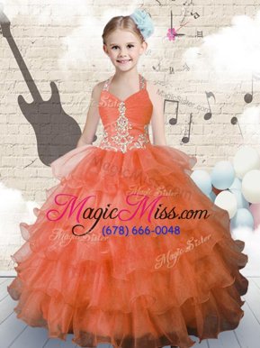Custom Fit Halter Top Floor Length Lace Up Little Girls Pageant Dress Wholesale Orange and In for Party and Wedding Party with Beading and Ruffled Layers