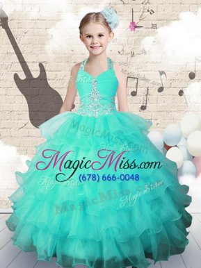 Best Halter Top Ruffled Floor Length Ball Gowns Sleeveless Turquoise Pageant Gowns For Girls Lace Up