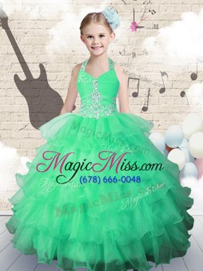 Superior Ruffled Ball Gowns Girls Pageant Dresses Green Halter Top Organza Sleeveless Floor Length Lace Up