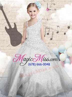 Asymmetric Sleeveless Lace Up Little Girls Pageant Gowns Silver Organza