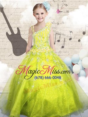 Top Selling Beading and Appliques and Hand Made Flower Kids Pageant Dress Yellow Green Lace Up Sleeveless Floor Length