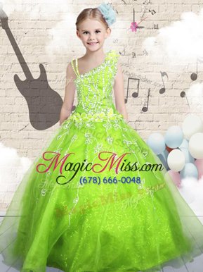 Custom Fit Organza Sleeveless Floor Length Pageant Gowns For Girls and Beading and Appliques and Hand Made Flower