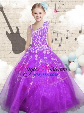 Exquisite Floor Length Purple Little Girls Pageant Dress Asymmetric Sleeveless Lace Up