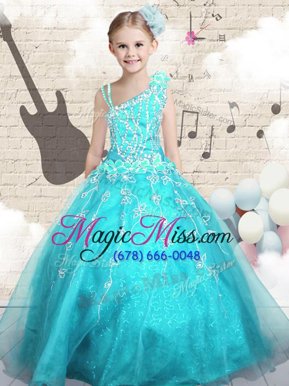 Custom Fit Aqua Blue Sleeveless Tulle Lace Up Little Girls Pageant Gowns for Party and Wedding Party