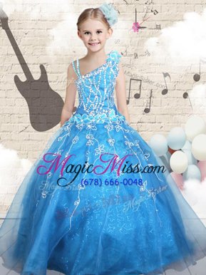Wonderful Floor Length Baby Blue Kids Pageant Dress Asymmetric Sleeveless Lace Up