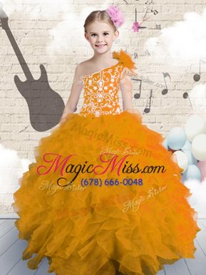 Lovely Orange One Shoulder Neckline Embroidery and Ruffles and Hand Made Flower Little Girls Pageant Gowns Sleeveless Lace Up