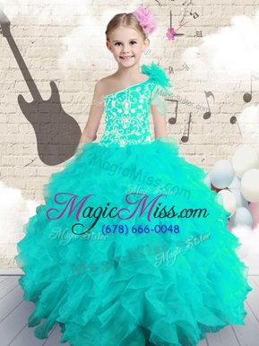 Perfect One Shoulder Sleeveless Embroidery and Ruffles and Hand Made Flower Lace Up Little Girls Pageant Dress Wholesale