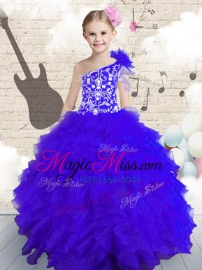 Hot Sale Floor Length Navy Blue Little Girl Pageant Dress One Shoulder Sleeveless Lace Up