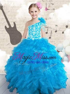 One Shoulder Baby Blue Sleeveless Floor Length Embroidery and Ruffles and Hand Made Flower Lace Up Kids Formal Wear
