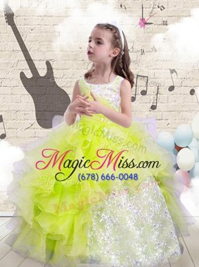 Trendy Yellow Green Child Pageant Dress Party and Wedding Party and For with Beading and Ruffles Scoop Sleeveless Lace Up