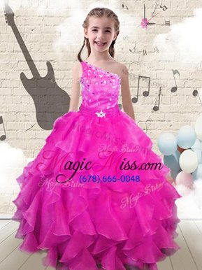 Exquisite One Shoulder Sleeveless Lace Up Little Girls Pageant Dress Hot Pink Organza