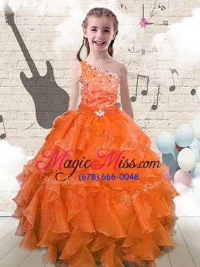 Fashion One Shoulder Beading and Ruffles Kids Pageant Dress Orange Red Lace Up Sleeveless Floor Length