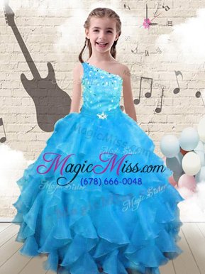 Latest One Shoulder Sleeveless Organza Floor Length Lace Up Kids Formal Wear in Aqua Blue for with Beading and Ruffles