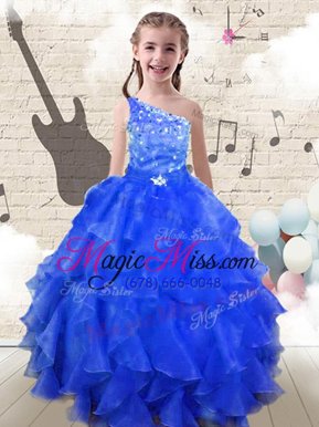 Classical One Shoulder Royal Blue Sleeveless Beading and Ruffles Floor Length Kids Pageant Dress