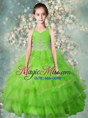 High Class Apple Green Zipper Halter Top Beading and Ruffled Layers Child Pageant Dress Organza Sleeveless