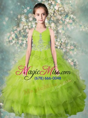 Luxurious Yellow Green Ball Gowns Organza Halter Top Sleeveless Beading and Ruffled Layers Floor Length Zipper Pageant Gowns For Girls