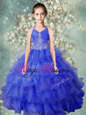 Gorgeous Baby Blue Ball Gowns Organza Halter Top Sleeveless Beading and Ruffled Layers Floor Length Zipper Pageant Gowns For Girls