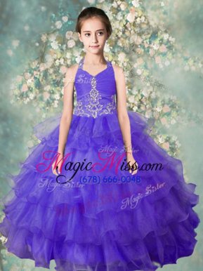 Beautiful Halter Top Beading and Ruffled Layers Little Girls Pageant Dress Blue Zipper Sleeveless Floor Length