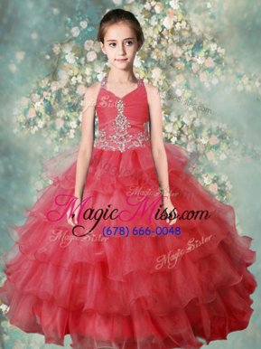Pretty Halter Top Floor Length Zipper Little Girls Pageant Dress Watermelon Red and In for Party and Wedding Party with Beading and Ruffled Layers