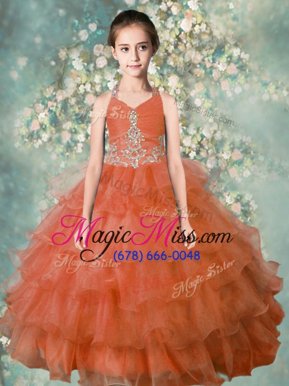 Discount Halter Top Beading and Ruffled Layers Little Girl Pageant Gowns Orange Zipper Sleeveless Floor Length
