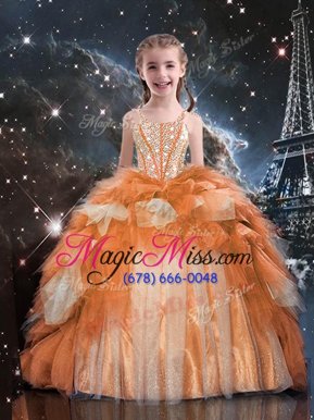 Affordable Gold Ball Gowns Beading and Ruffled Layers Kids Pageant Dress Lace Up Tulle Sleeveless Floor Length