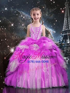 High Quality One Shoulder Sleeveless Tulle Floor Length Lace Up Little Girl Pageant Dress in Fuchsia for with Beading and Ruffled Layers