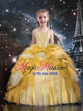 Low Price Gold Lace Up Spaghetti Straps Beading and Ruffled Layers Little Girl Pageant Dress Tulle Sleeveless